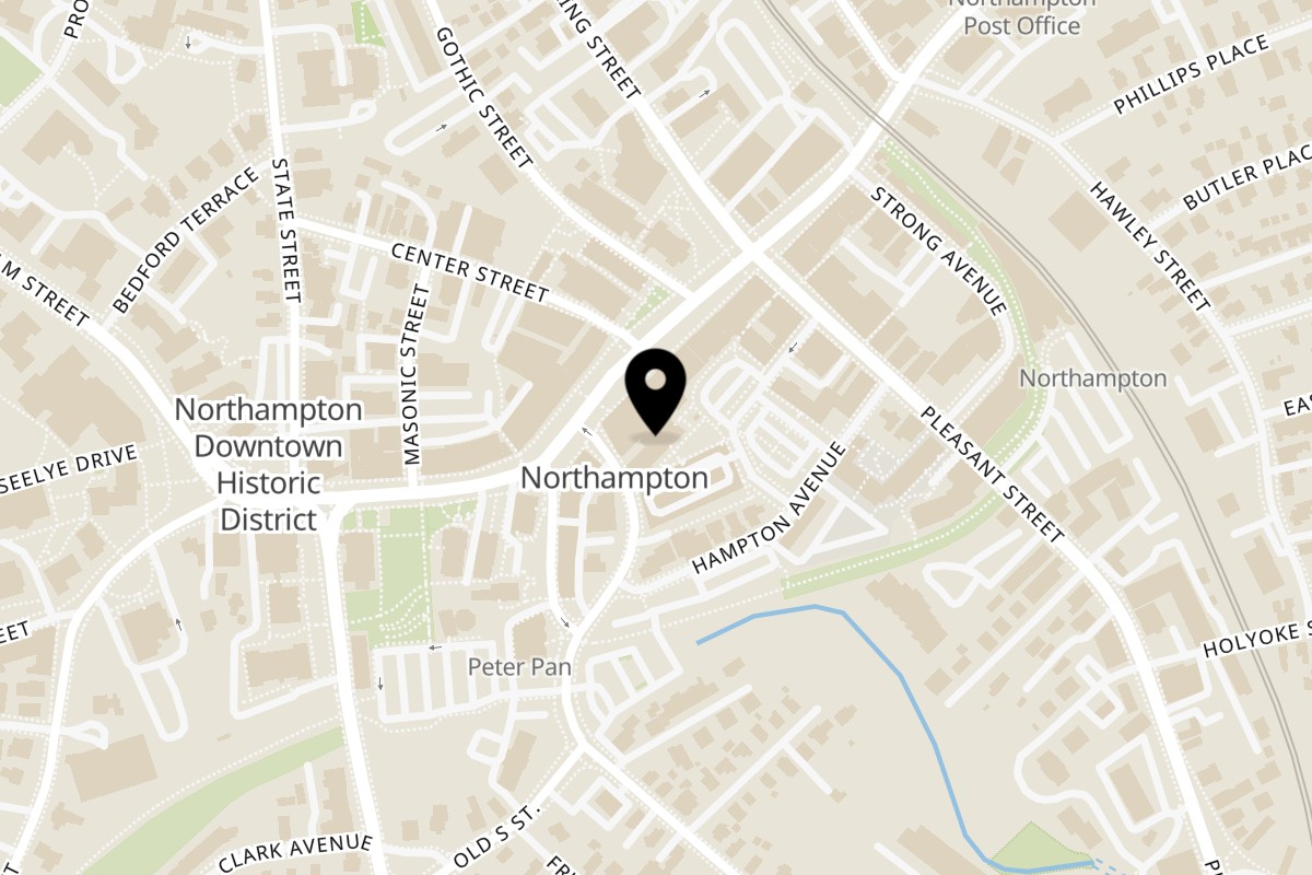 Map showing the location of Tellus & the Satellite Bar on 150 Main St in Northampton