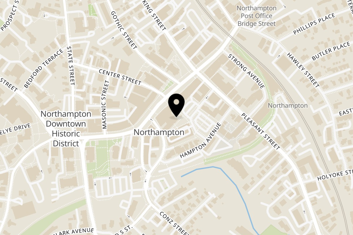 Map showing the location of Tellus & the Satellite Bar on 150 Main St in Northampton